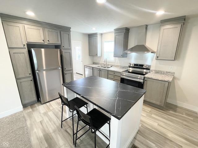 1628 Spann Ave, Indianapolis, IN 46203 - kitchen featuring stainless steel appliances, wall chimney exhaust hood, gray cabinets, and recessed lighting