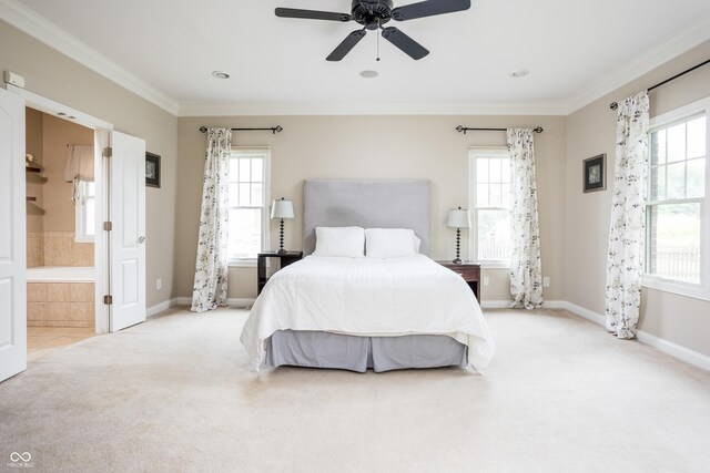 47 Torrey Pine Dr, Brownsburg, IN 46112 - carpeted bedroom with multiple windows, crown molding, ensuite bath, and ceiling fan
