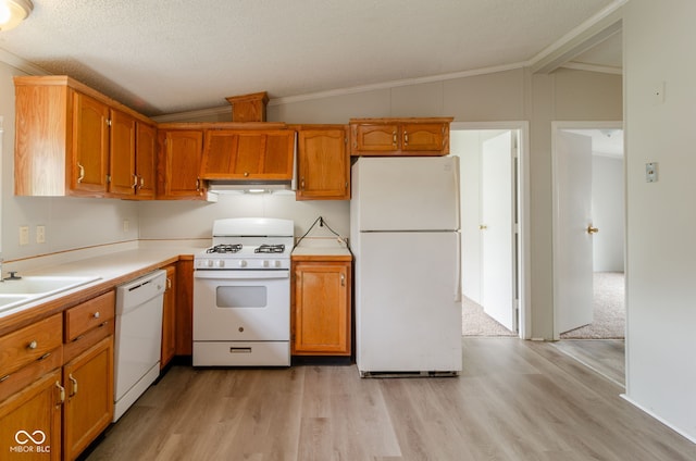 3149 Carson Ave, Indianapolis, IN 46227 - kitchen featuring white appliances, lofted ceiling, under cabinet range hood, crown molding, and light wood-style floors