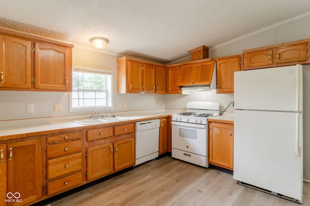 3149 Carson Ave, Indianapolis, IN 46227 - kitchen with white appliances, ornamental molding, a textured ceiling, lofted ceiling, and light wood finished floors