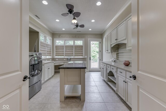 3795 Claybrook Ct, Bargersville, IN 46106 - kitchen with washer / dryer, ornamental molding, a ceiling fan, open shelves, and recessed lighting
