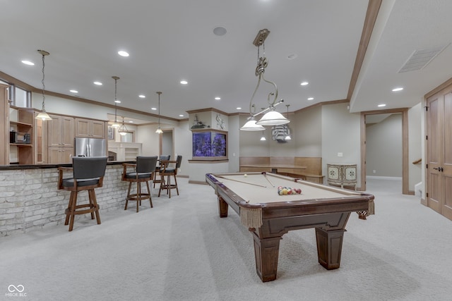 3795 Claybrook Ct, Bargersville, IN 46106 - game room featuring light carpet, crown molding, recessed lighting, and billiards