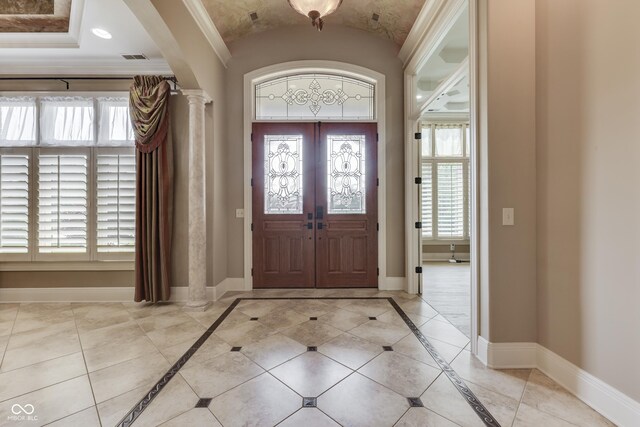 3795 Claybrook Ct, Bargersville, IN 46106 - foyer entrance featuring inlaid floor details, lofted ceiling, and crown molding