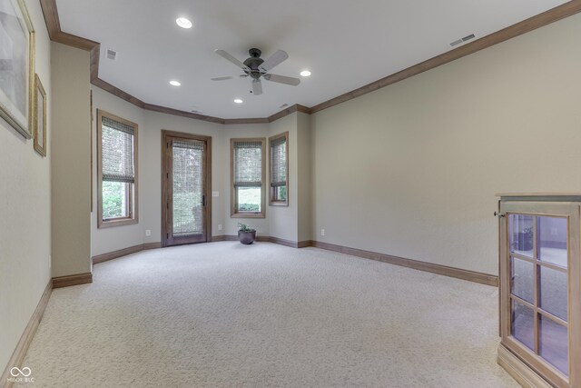 3795 Claybrook Ct, Bargersville, IN 46106 - unfurnished room featuring ornamental molding, light colored carpet, ceiling fan, and recessed lighting