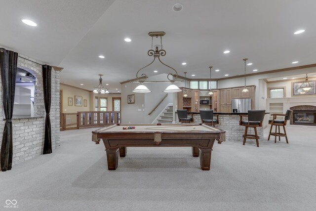 3795 Claybrook Ct, Bargersville, IN 46106 - game room with light carpet, pool table, recessed lighting, crown molding, and a chandelier