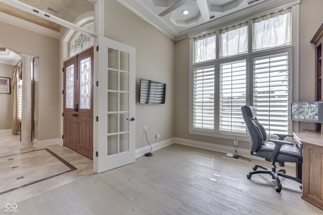 3795 Claybrook Ct, Bargersville, IN 46106 - office featuring decorative columns, crown molding, french doors, and light wood-style flooring