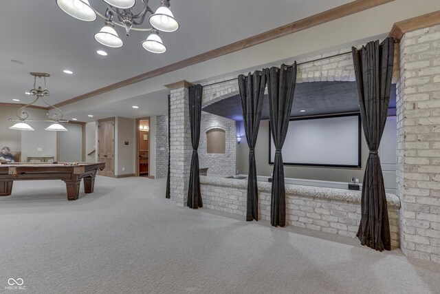 3795 Claybrook Ct, Bargersville, IN 46106 - playroom featuring carpet flooring, ornamental molding, billiards, recessed lighting, and brick wall