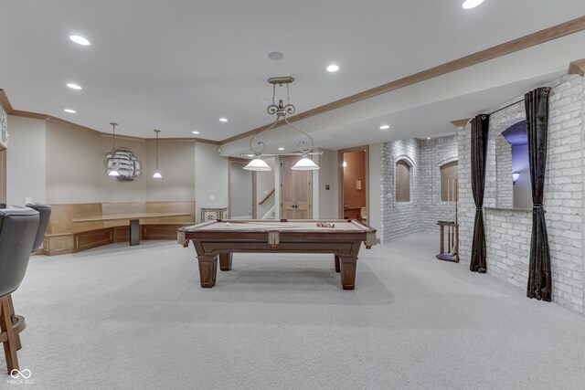 3795 Claybrook Ct, Bargersville, IN 46106 - rec room featuring carpet, ornamental molding, pool table, recessed lighting, and brick wall