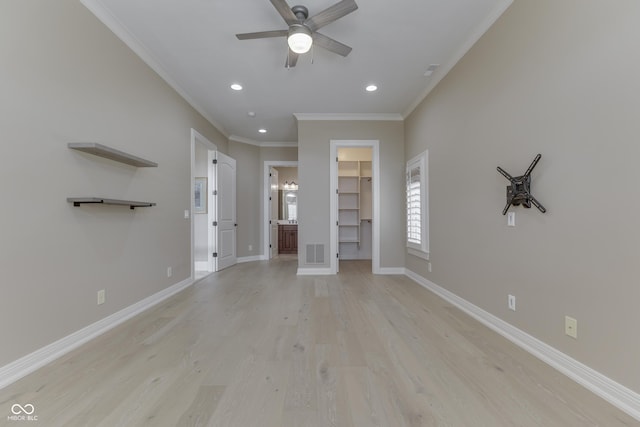 3795 Claybrook Ct, Bargersville, IN 46106 - unfurnished living room featuring ornamental molding, ceiling fan, recessed lighting, and light wood-style floors