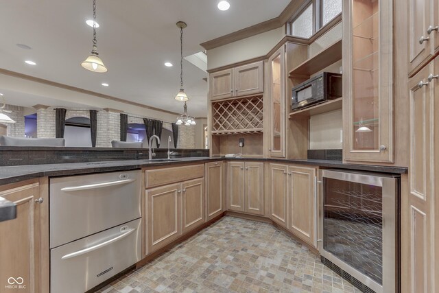 3795 Claybrook Ct, Bargersville, IN 46106 - kitchen with wine cooler, stainless steel dishwasher, black microwave, ornamental molding, and pendant lighting