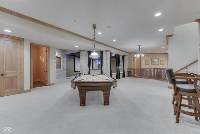 3795 Claybrook Ct, Bargersville, IN 46106 - recreation room with carpet, billiards table, recessed lighting, a chandelier, and crown molding