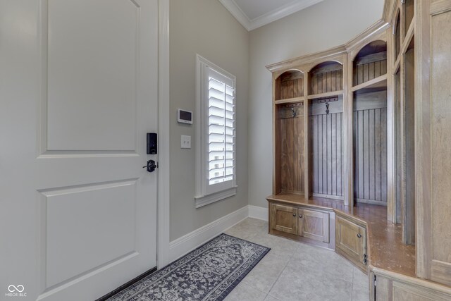 3795 Claybrook Ct, Bargersville, IN 46106 - mudroom with crown molding and light tile patterned flooring