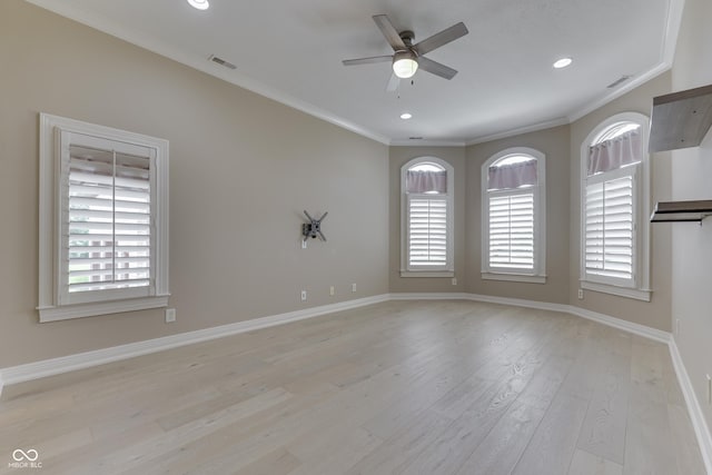3795 Claybrook Ct, Bargersville, IN 46106 - unfurnished room featuring ceiling fan, light wood-type flooring, ornamental molding, and recessed lighting
