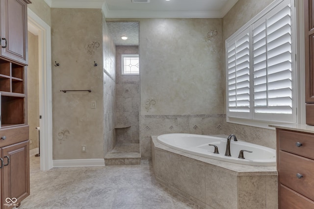 3795 Claybrook Ct, Bargersville, IN 46106 - bathroom with a bath, ornamental molding, and a walk in shower