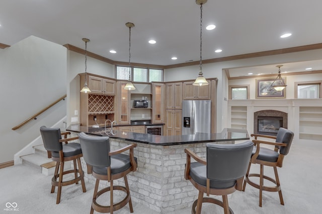 3795 Claybrook Ct, Bargersville, IN 46106 - kitchen featuring stainless steel fridge with ice dispenser, ornamental molding, a breakfast bar, black microwave, and light carpet