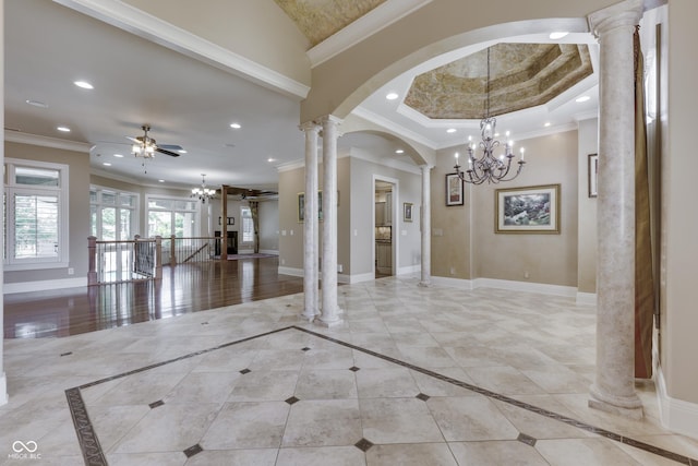 3795 Claybrook Ct, Bargersville, IN 46106 - hallway featuring a chandelier, ornamental molding, decorative columns, recessed lighting, and arched walkways