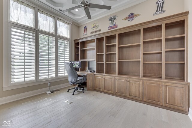 3795 Claybrook Ct, Bargersville, IN 46106 - unfurnished office with ornamental molding, ceiling fan, built in desk, light wood-style flooring, and coffered ceiling