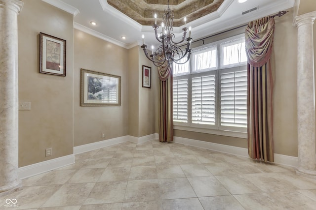 3795 Claybrook Ct, Bargersville, IN 46106 - unfurnished dining area featuring decorative columns, ornamental molding, a chandelier, a tray ceiling, and recessed lighting