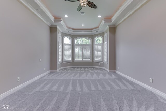3795 Claybrook Ct, Bargersville, IN 46106 - empty room with light colored carpet, ceiling fan, crown molding, a raised ceiling, and recessed lighting