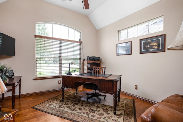 5194 Orahood Ct, Plainfield, IN 46168 - office area featuring lofted ceiling, healthy amount of natural light, a ceiling fan, and wood finished floors