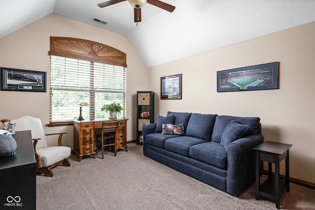 5194 Orahood Ct, Plainfield, IN 46168 - living room with carpet flooring, a ceiling fan, and vaulted ceiling