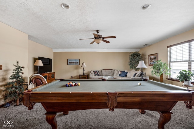 5194 Orahood Ct, Plainfield, IN 46168 - rec room with billiards, carpet floors, a ceiling fan, and a textured ceiling