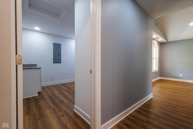 5122 W Legrande Ave, Indianapolis, IN 46241 - corridor with electric panel, attic access, dark wood finished floors, vaulted ceiling, and recessed lighting