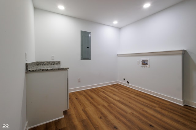 5122 W Legrande Ave, Indianapolis, IN 46241 - laundry area featuring electric panel, hookup for a washing machine, recessed lighting, wood finished floors, and electric dryer hookup