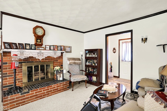 11630 Deanna Dr, Indianapolis, IN 46229 - carpeted living area featuring a fireplace and ornamental molding