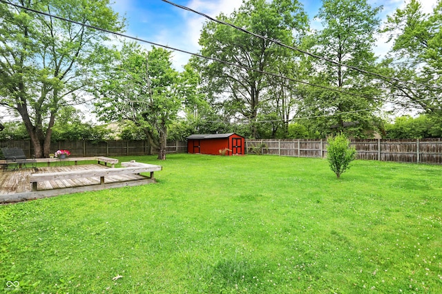 11630 Deanna Dr, Indianapolis, IN 46229 - fenced backyard featuring a wooden deck and a storage shed