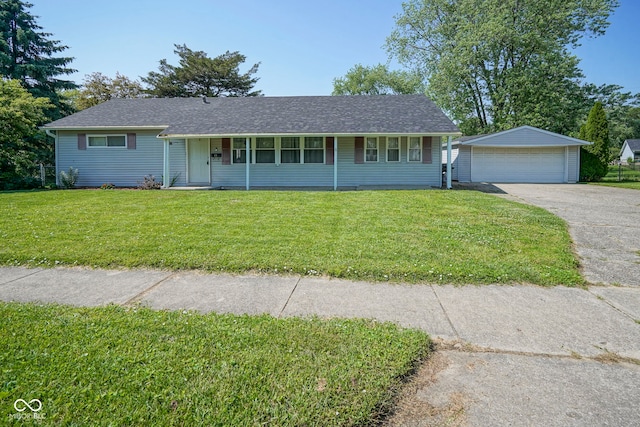 11 Sayre Dr, Greenwood, IN 46143 - ranch-style house featuring a detached garage, an outdoor structure, a front lawn, and roof with shingles