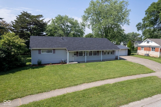 11 Sayre Dr, Greenwood, IN 46143 - single story home featuring covered porch, a front lawn, an outbuilding, and a shingled roof