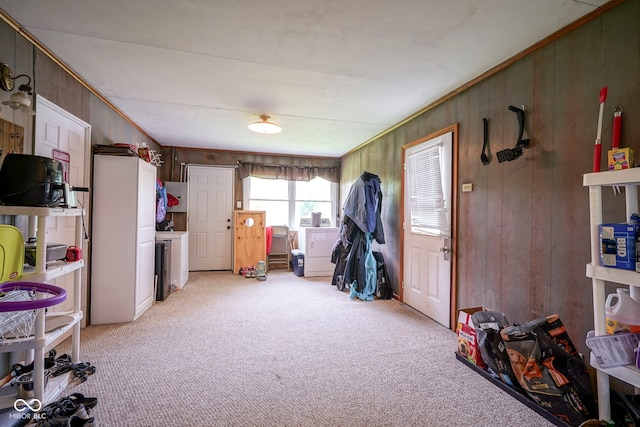 11 Sayre Dr, Greenwood, IN 46143 - misc room with light carpet, wooden walls, crown molding, and washing machine and dryer
