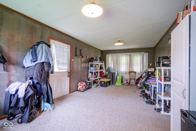 11 Sayre Dr, Greenwood, IN 46143 - rec room with carpet flooring, wooden walls, and ornamental molding