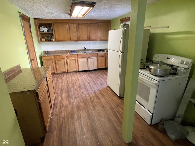 1163 Groff Ave, Indianapolis, IN 46222 - kitchen featuring white appliances, dark wood-style flooring, a textured ceiling, open shelves, and brown cabinets
