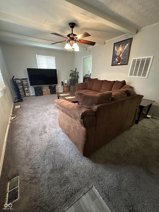 4744 E 33rd St, Indianapolis, IN 46218 - living area with ceiling fan, carpet, beamed ceiling, and a textured ceiling