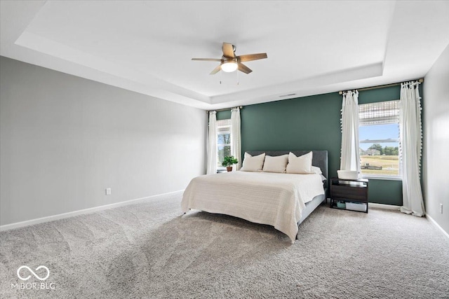4253 Ironclad Dr, Bargersville, IN 46106 - carpeted bedroom featuring a tray ceiling, multiple windows, and a ceiling fan