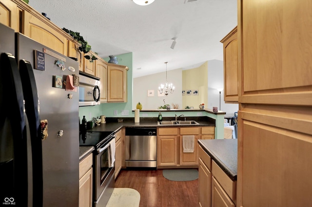5011 Amber Creek Pl Unit 310, Indianapolis, IN 46237 - kitchen featuring stainless steel appliances, dark countertops, dark wood-style floors, a chandelier, and light brown cabinetry