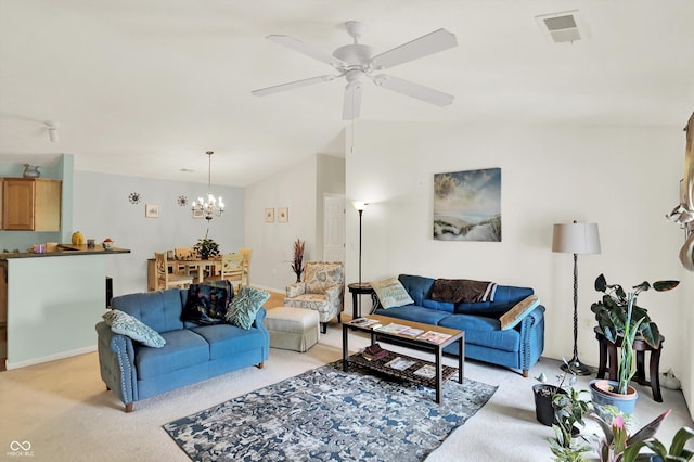 5011 Amber Creek Pl Unit 310, Indianapolis, IN 46237 - living room with light carpet, a chandelier, vaulted ceiling, and ceiling fan