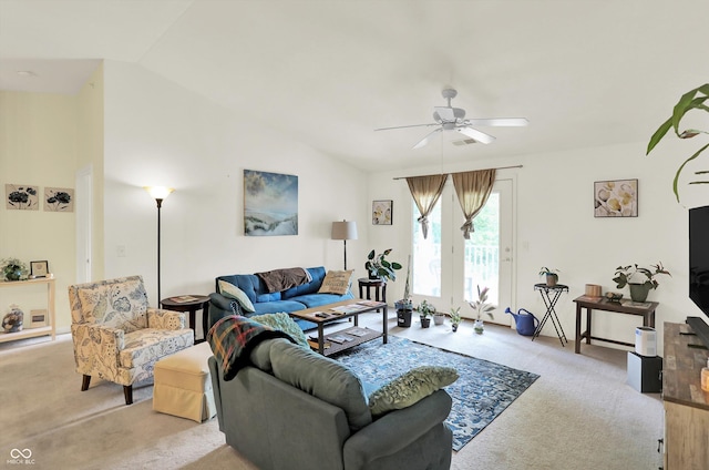 5011 Amber Creek Pl Unit 310, Indianapolis, IN 46237 - living area with light carpet, ceiling fan, and vaulted ceiling