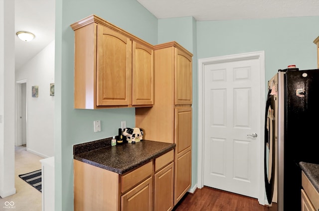 5011 Amber Creek Pl Unit 310, Indianapolis, IN 46237 - kitchen with freestanding refrigerator, dark countertops, light brown cabinets, and dark wood-type flooring