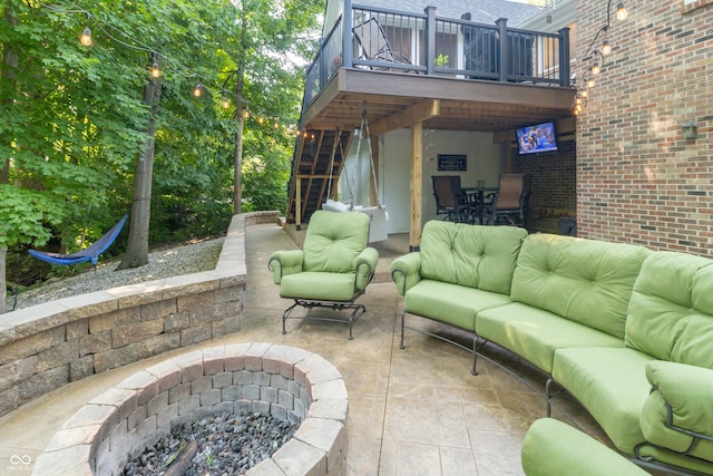 8429 Catamaran Dr, Indianapolis, IN 46236 - view of patio / terrace featuring an outdoor living space with a fire pit, stairs, and outdoor dining area