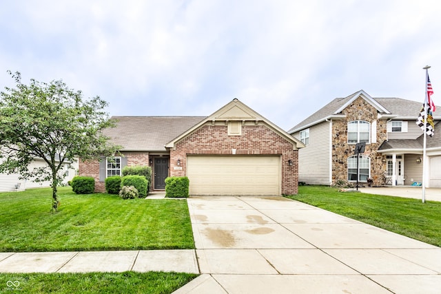 8116 Harshaw Dr, Indianapolis, IN 46239 - view of front of home featuring brick siding, a garage, a front yard, concrete driveway, and roof with shingles