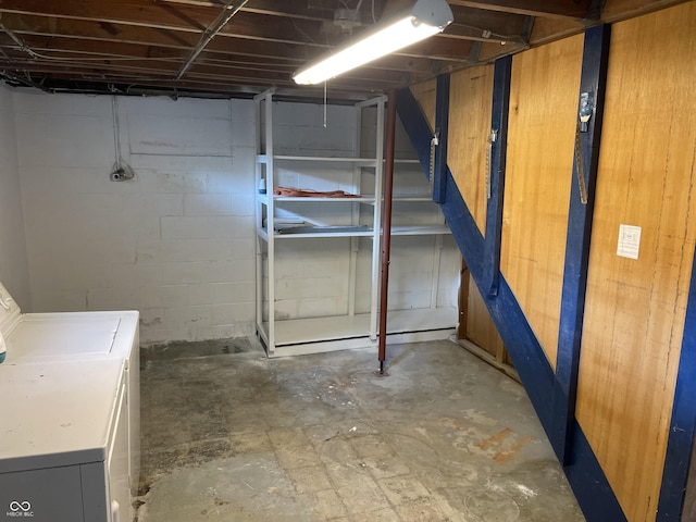 737 Howard St, Shelbyville, IN 46176 - unfinished below grade area featuring washer / dryer and concrete block wall