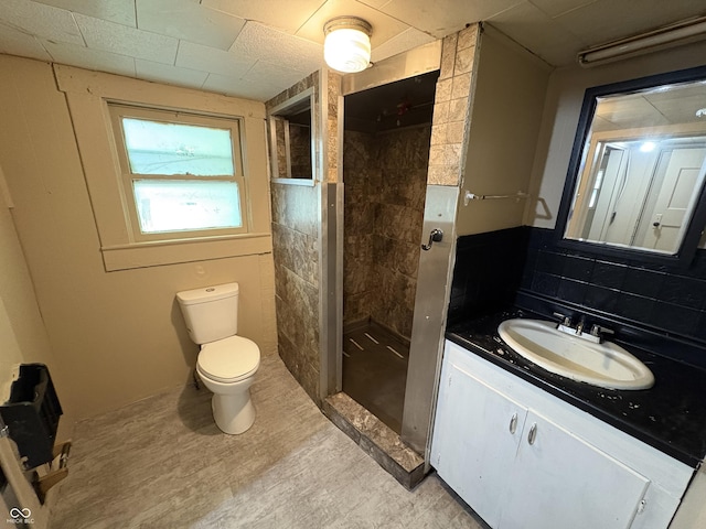 807 N Elm St, Muncie, IN 47305 - full bathroom featuring vanity, a stall shower, and decorative backsplash