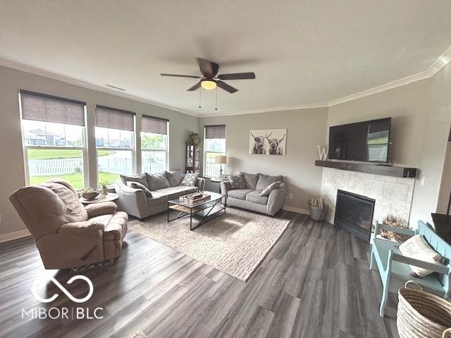 520 Ferndale Ln, Danville, IN 46122 - living area with ceiling fan, ornamental molding, wood finished floors, and a stone fireplace