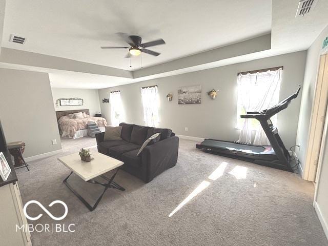 520 Ferndale Ln, Danville, IN 46122 - carpeted living area featuring a ceiling fan and a raised ceiling