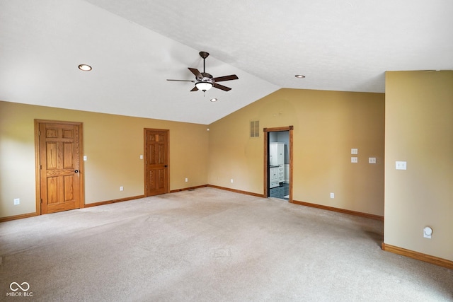12196 N Beth Ann Dr, Camby, IN 46113 - empty room with a ceiling fan, vaulted ceiling, light colored carpet, and recessed lighting