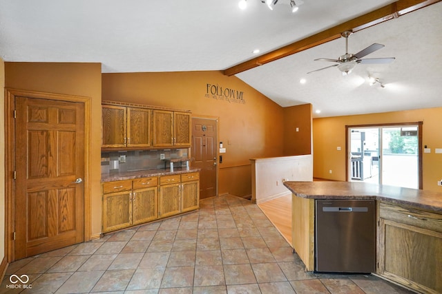 12196 N Beth Ann Dr, Camby, IN 46113 - kitchen with stainless steel dishwasher, brown cabinets, a ceiling fan, and dark countertops