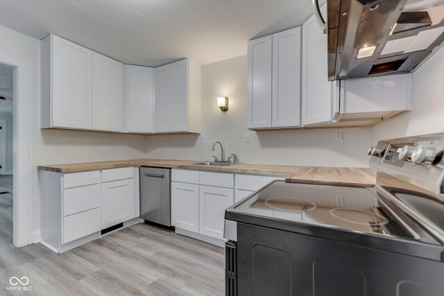 2245 N Ritter Ave, Indianapolis, IN 46218 - kitchen featuring electric range oven, dishwasher, range hood, wooden counters, and light wood-style floors